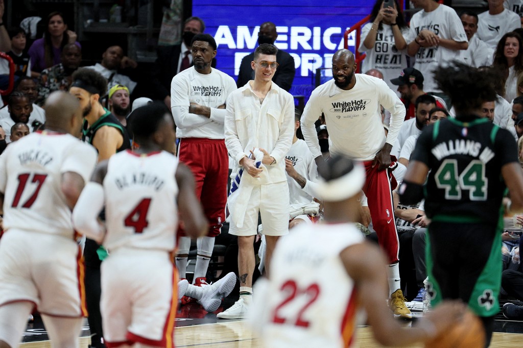 Tyler Herro of the Miami Heat reacts from the bench against the Boston Celtics during the third quarter in Game Five of the 2022 NBA Playoffs Eastern Conference Finals at FTX Arena on May 25, 2022 in Miami, Florida. 