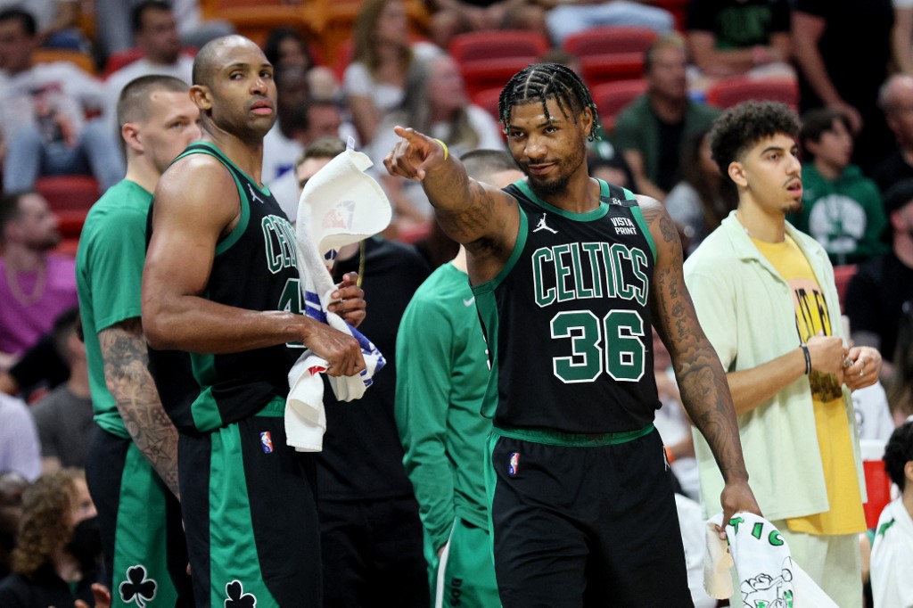 Marcus Smart #36 of the Boston Celtics reacts against the Miami Heat during the fourth quarter in Game Five of the 2022 NBA Playoffs Eastern Conference Finals at FTX Arena on May 25, 2022 in Miami, Florida. Andy Lyons/Getty Images/AFP