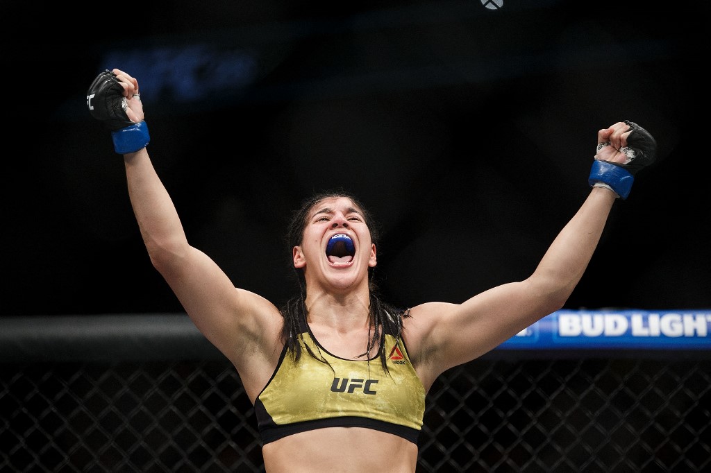 EDMONTON, AB - SEPTEMBER 09: Ketlen Vieira celebrates her victory against Sara McMann during UFC 215 at Rogers Place on September 9, 2017 in Edmonton, Canada. Codie McLachlan/Getty Images/AFP (Photo by Codie McLachlan / GETTY IMAGES NORTH AMERICA / Getty Images via AFP)