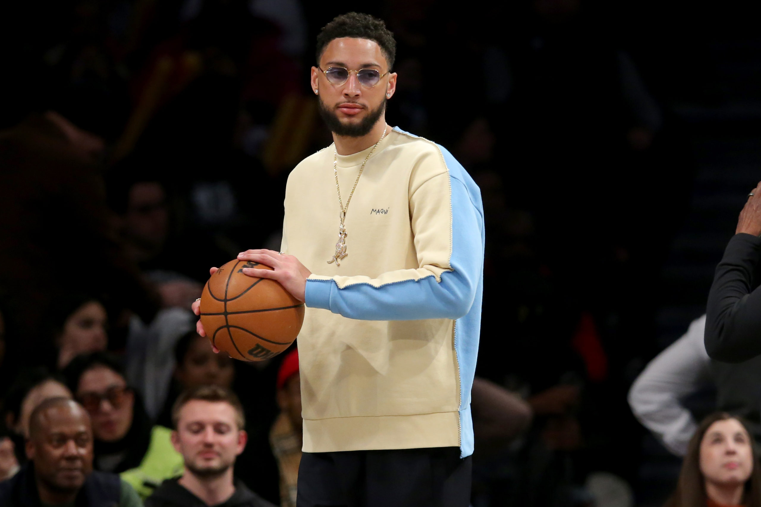 FILE PHOTO: Mar 29, 2022; Brooklyn, New York, USA; Brooklyn Nets injured guard Ben Simmons (10) holds a basketball during a timeout during the fourth quarter against the Detroit Pistons at Barclays Center. The Nets defeated the Pistons 130-123. 
