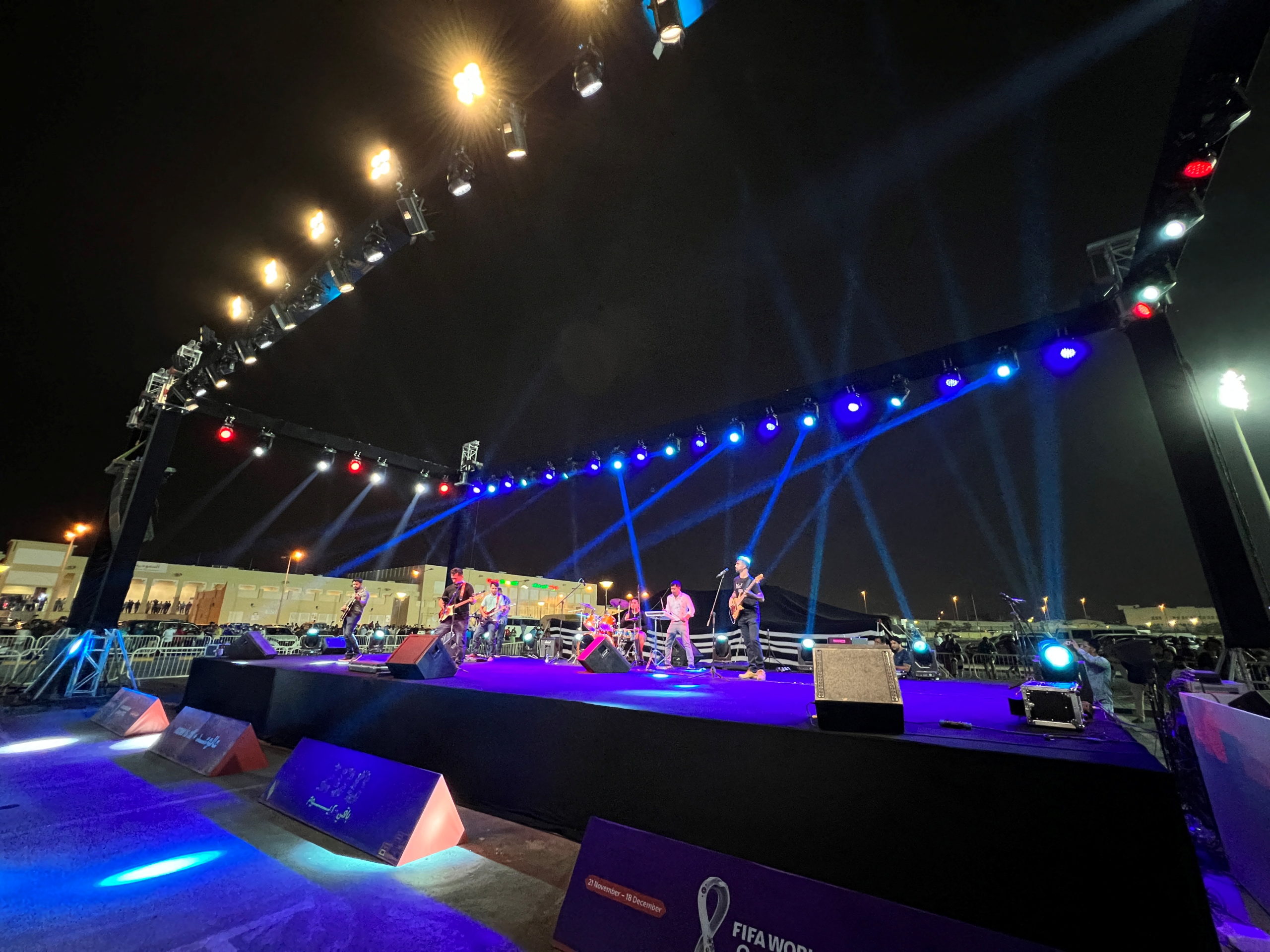 FILE PHOTO: A band performs on stage during an event marking "200 Days To Go" ahead of the 2022 FIFA World Cup, in Doha, Qatar May 6, 2022.