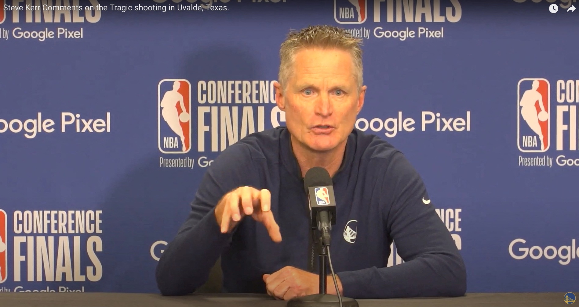 Golden State Warriors head coach?Steve?Kerr speaks about the Texas shooting at a news conference in Dallas, Texas, U.S., in this still image from a video obtained from social media on May 24, 2022. Golden State Warriors/via REUTERS