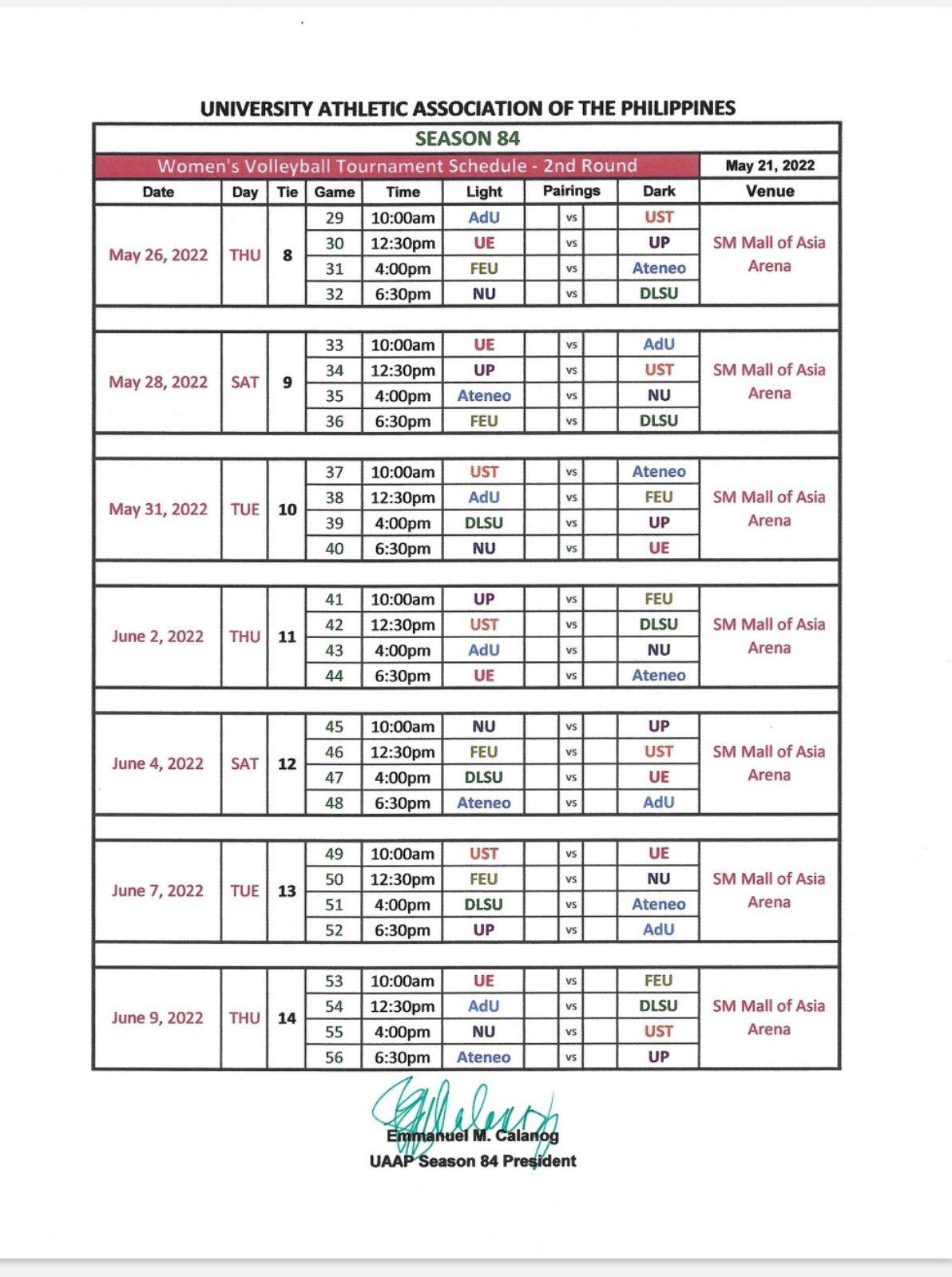 Voleibol femenino UAAP calendario segunda vuelta temporada 84