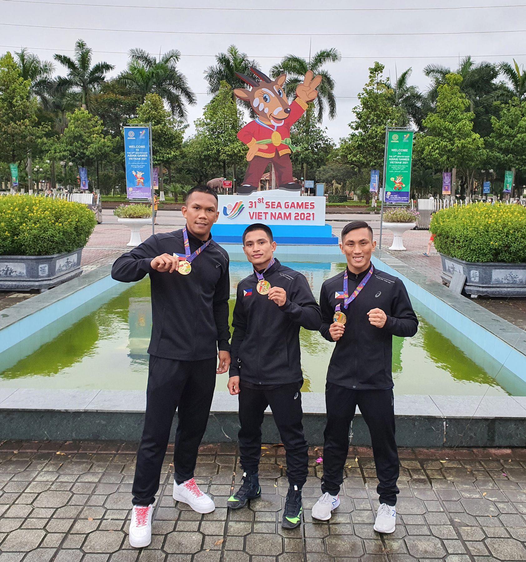  Philippines' boxing gold medalists Eumir Marcial, Ian Clark Bautista and Rogen Ladon. ABAP PHOTO