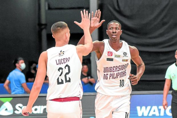 Zavier Lucero (left) and Maodo Diouf celebrate early in the first half against the Eagles. —UAAP MEDIA. STORY: Maroons shatter Eagles’ myth of invincibility after unbeaten two-year run