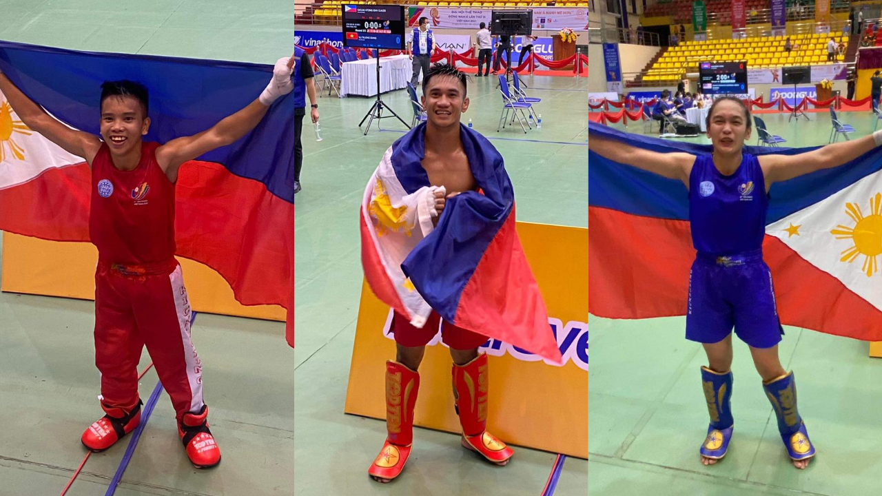 Philippine kickboxers Renalyn Daquel, Jean Claude Saclag and Claudine Veloso. Samahang Kickboxing ng Pilipinas/Team Lakay Photo