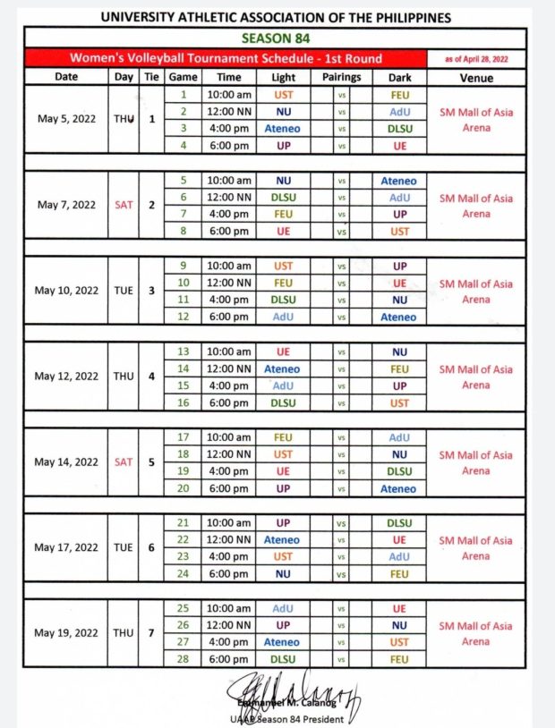 SCHEDULE: UAAP Season 84 women's volleyball first round | Inquirer Sports