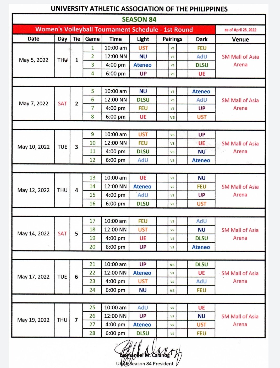 UAAP women's volleyball first round schedule