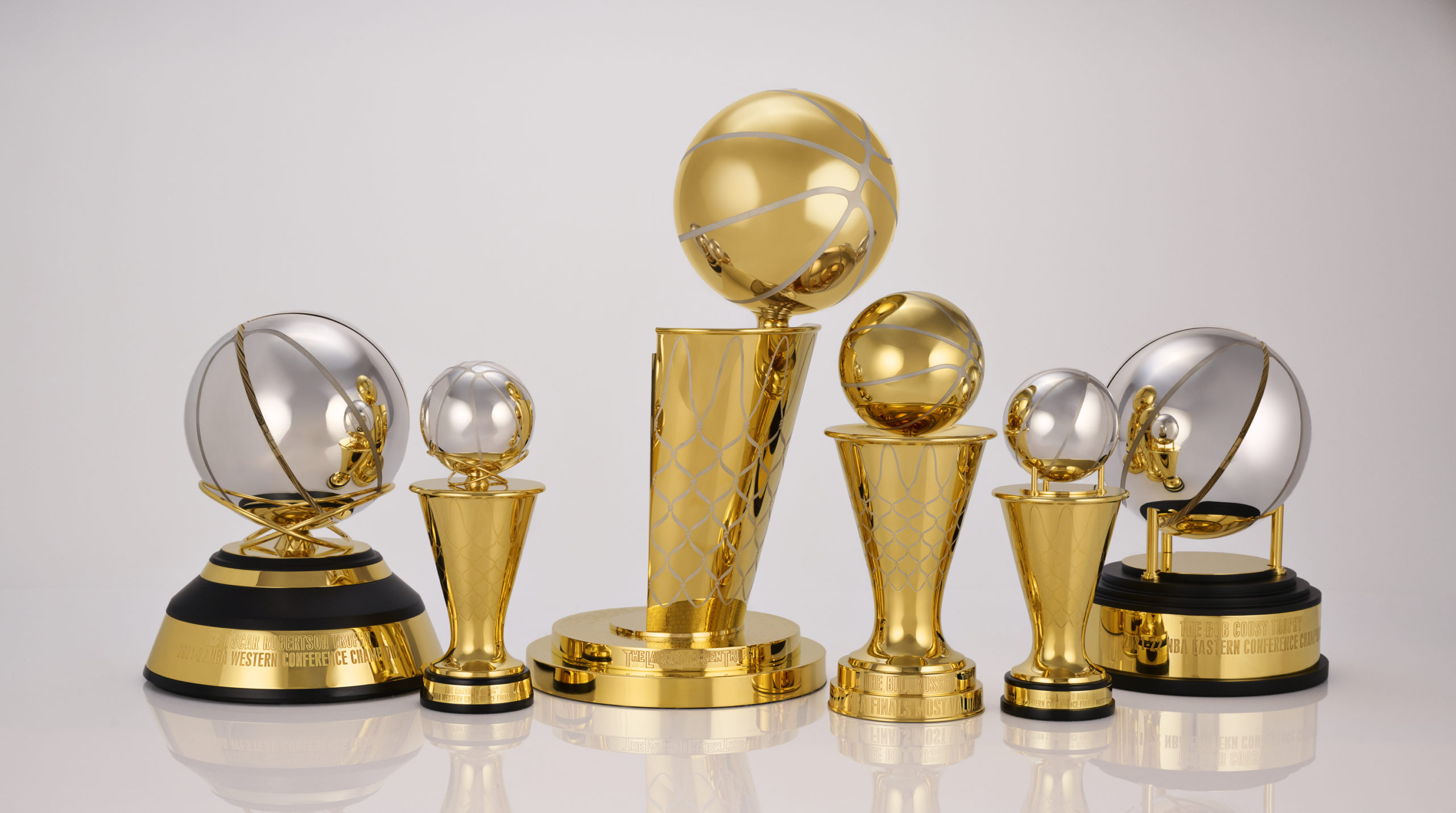 NBA's lineup of reimagined trophies for the NBA postseason. NBA PHOTO