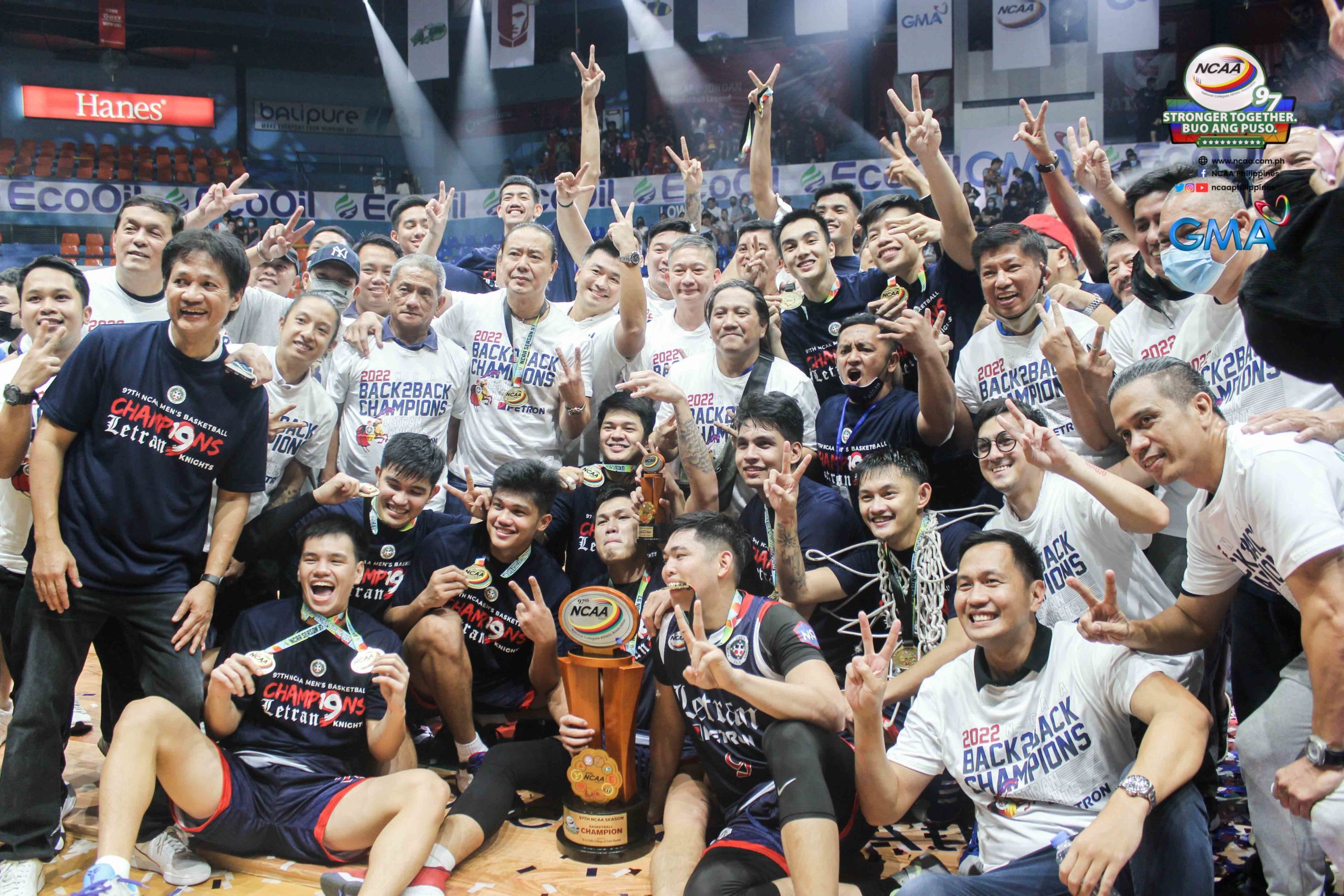The jubilant Knights and their supporters whoop it up with the Season 97 trophy. They get another go at a title later this year. —NCAA/GMA PHOTO