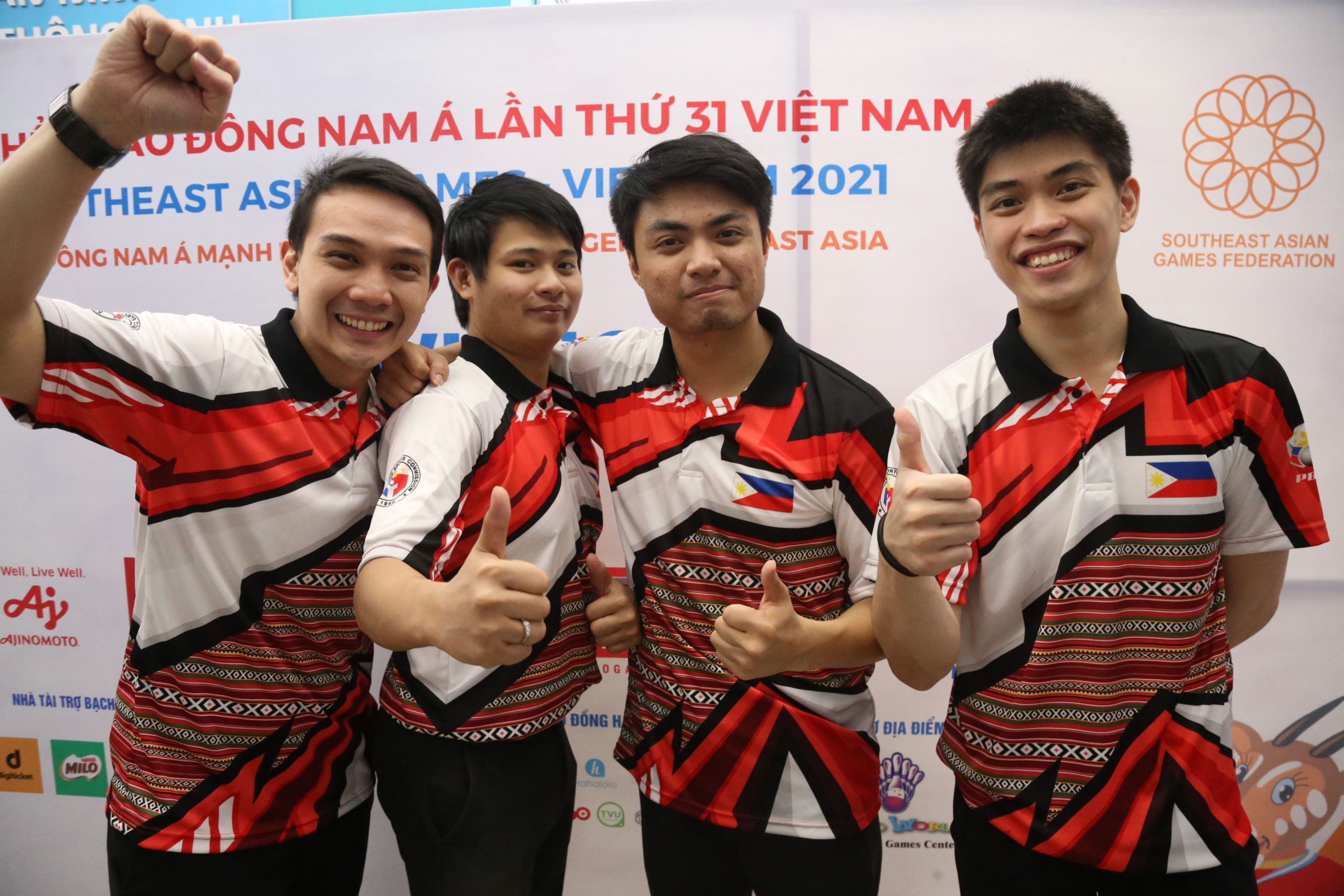 The national men’s bowling team of (from left) Ian Dychangco, Merwin Tan, Patrick Nuqui and Ivan Malig celebrate their triumph. —CONTRIBUTED PHOTO