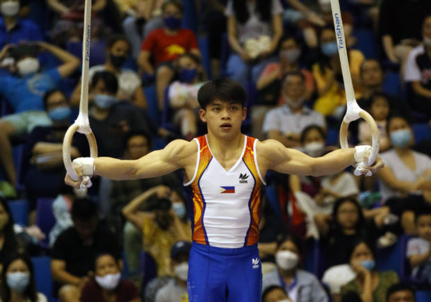 Carlos Yulo wins gold medals in men's floor exercise and still rings.  SEA GAMES POOL