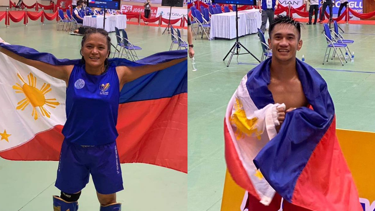 Filipino kickboxers Gina Iniong and Jean Claude Saclag clinch the gold medals. Samahang Kickboxing ng Pilipinas Photos