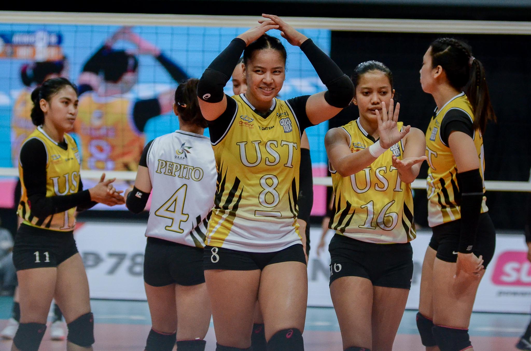Eya Laure (No. 8) leads a UST squad that features young standouts like Bernadette Pepito (No. 4) and Maji Mangulabnan (No. 16) who, like her, come from UST’s high school program. —UAAP MEDIA