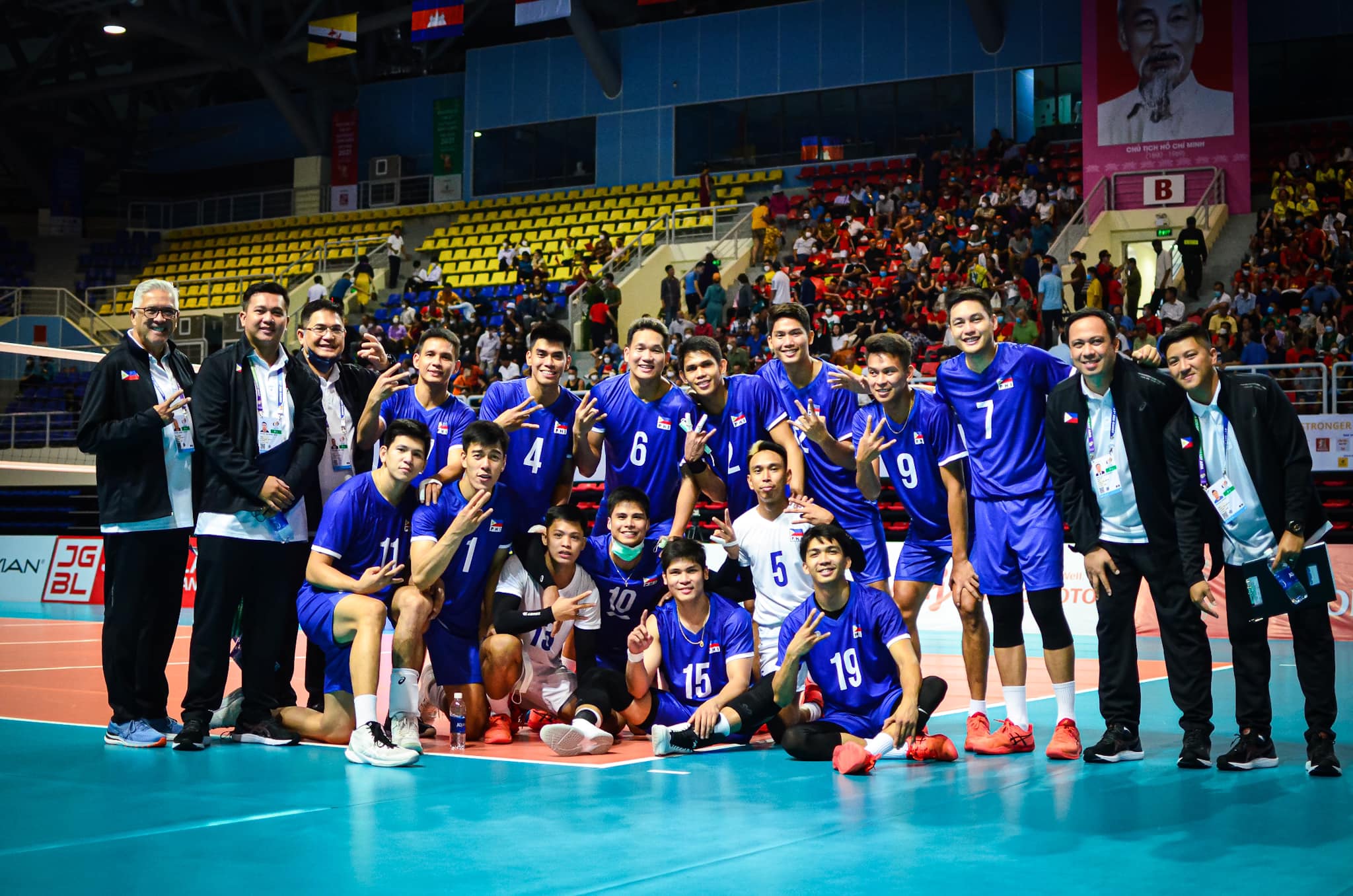 The Philippine men's volleyball team after its first win in the 31st SEA Games. PNVF PHOTO