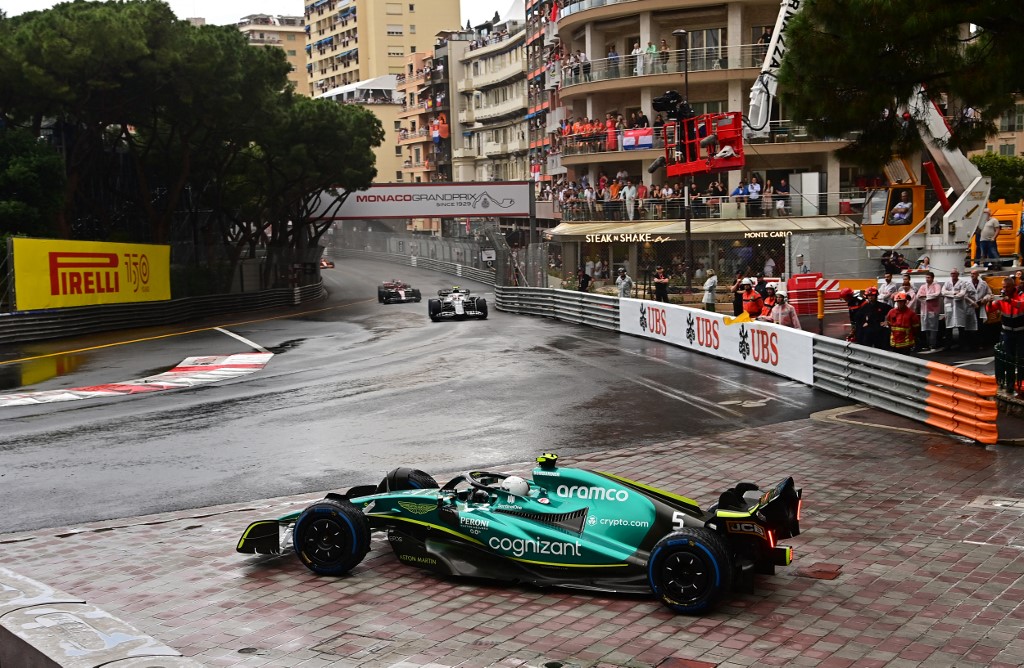 Aston Martin's German driver Sebastian Vettel recovers after going off the track during the Monaco Formula 1 Grand Prix at the Monaco street circuit in Monaco, on May 29, 2022. (Photo by ANDREJ ISAKOVIC / AFP)