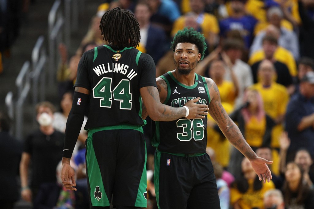 SAN FRANCISCO, CALIFORNIA - JUNE 13: Marcus Smart #36 of the Boston Celtics reacts after getting a technical foul during the fourth quarter against the Golden State Warriors in Game Five of the 2022 NBA Finals at Chase Center on June 13, 2022 in San Francisco, California. NOTE TO USER: User expressly acknowledges and agrees that, by downloading and/or using this photograph, User is consenting to the terms and conditions of the Getty Images License Agreement.   Ezra Shaw/Getty Images/AFP (Photo by EZRA SHAW / GETTY IMAGES NORTH AMERICA / Getty Images via AFP)