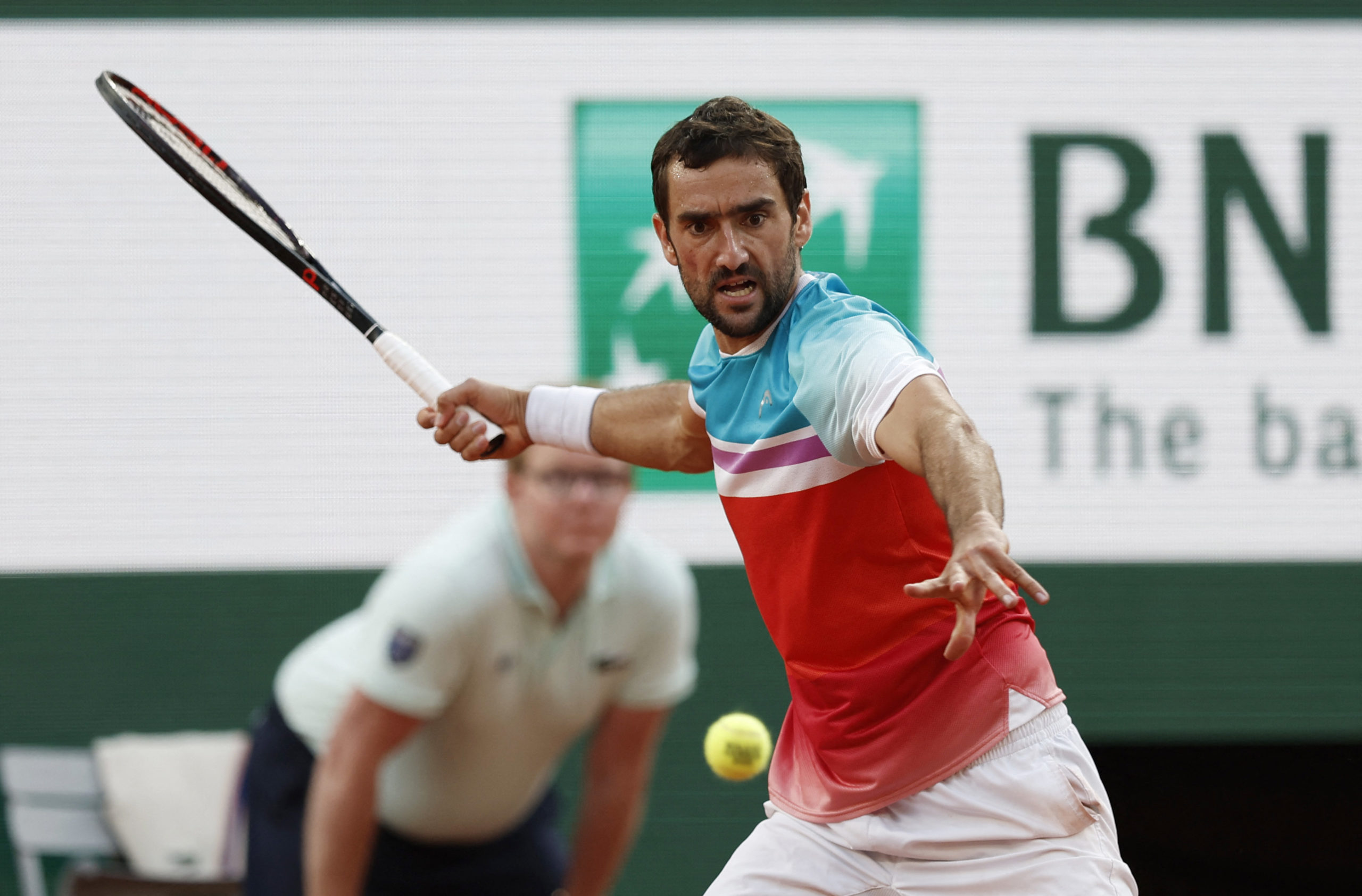 Tennis - French Open - Roland Garros, Paris, France - June 1, 2022 Croatia's Marin Cilic in action during his quarter final match against Russia's Andrey Rublev REUTERS/Benoit Tessier