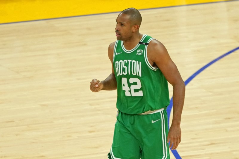 Jun 2, 2022; San Francisco, California, USA; Boston Celtics center Al Horford (42) reacts after a play against the Golden State Warriors during the second half of game one of the 2022 NBA Finals at Chase Center. / Darren Yamashita-USA TODAY Sports