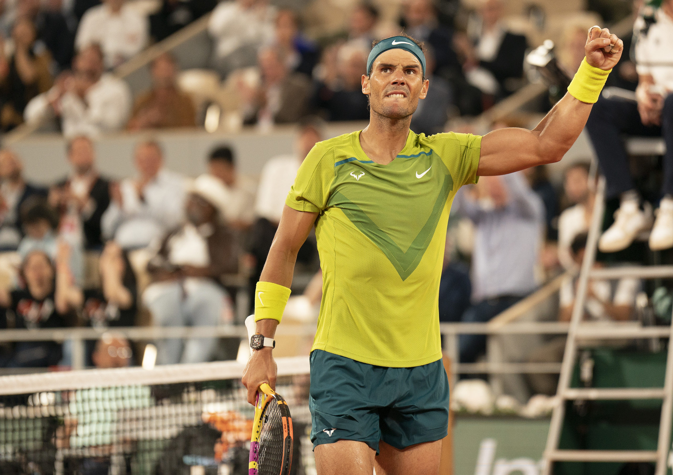 June 3, 2022; Paris, France; Rafael Nadal (ESP) reacts to a point during his semifinal match against Alexander Zverev (GER) on day 13 of the French Open at Stade Roland-Garros. Mandatory Credit: Susan Mullane-USA TODAY Sports