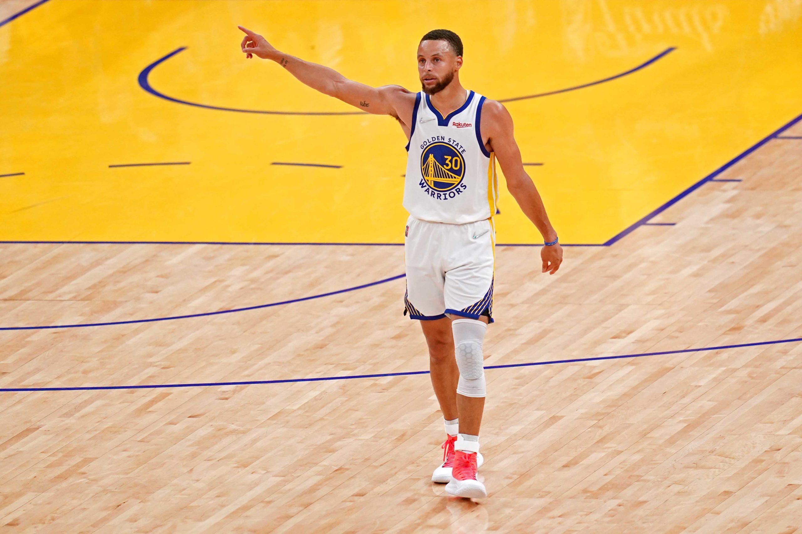 Jun 5, 2022; San Francisco, California, USA; Golden State Warriors guard Stephen Curry (30) reacts after a play against the Boston Celtics during game two of the 2022 NBA Finals at Chase Center. Mandatory Credit: Cary Edmondson-USA TODAY Sports