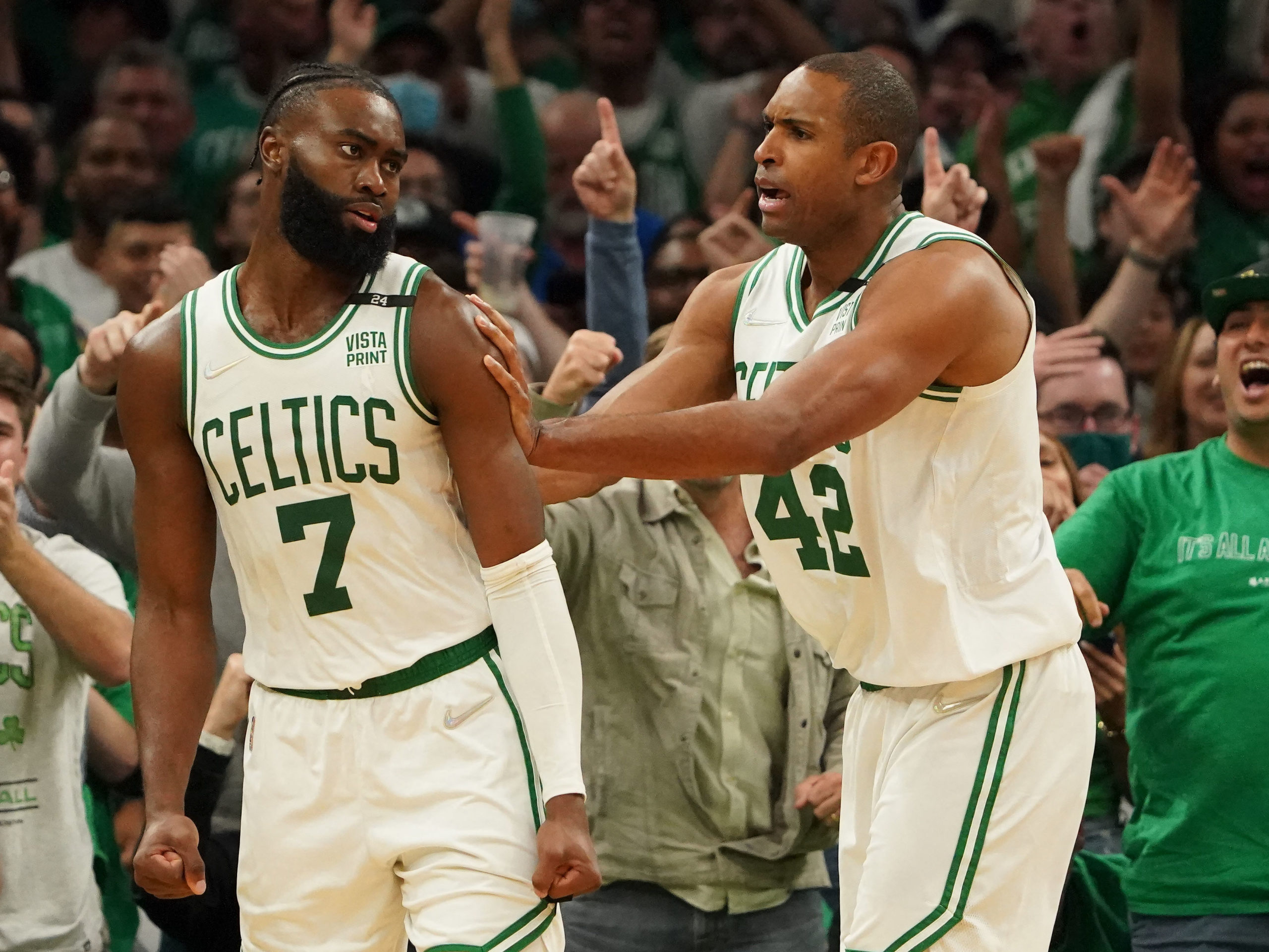 Jun 8, 2022; Boston, Massachusetts, USA; Boston Celtics center Al Horford (42) reacts after guard Jaylen Brown (7) blocks a shot by the Golden State Warriors in the fourth quarter during game three of the 2022 NBA Finals at TD Garden. Mandatory Credit: Kyle Terada-USA TODAY Sports