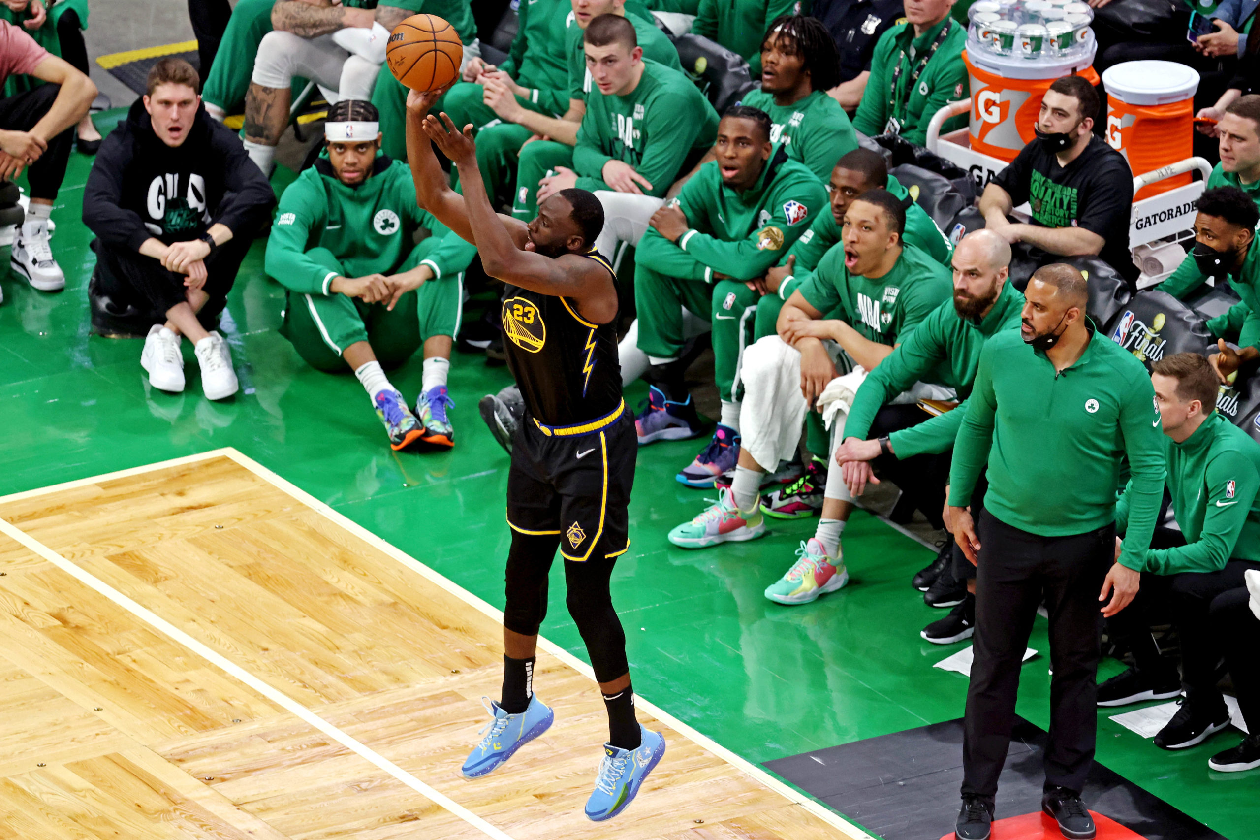 June 8, 2022;  Boston, Massachusetts, USA;  Golden State Warriors forward Draymond Green (23) shoots the ball in the third round against the Boston Celtics in game three of the 2022 NBA Finals at TD Garden.  Required credit: Paul Rutherford-USA Sports TODAY