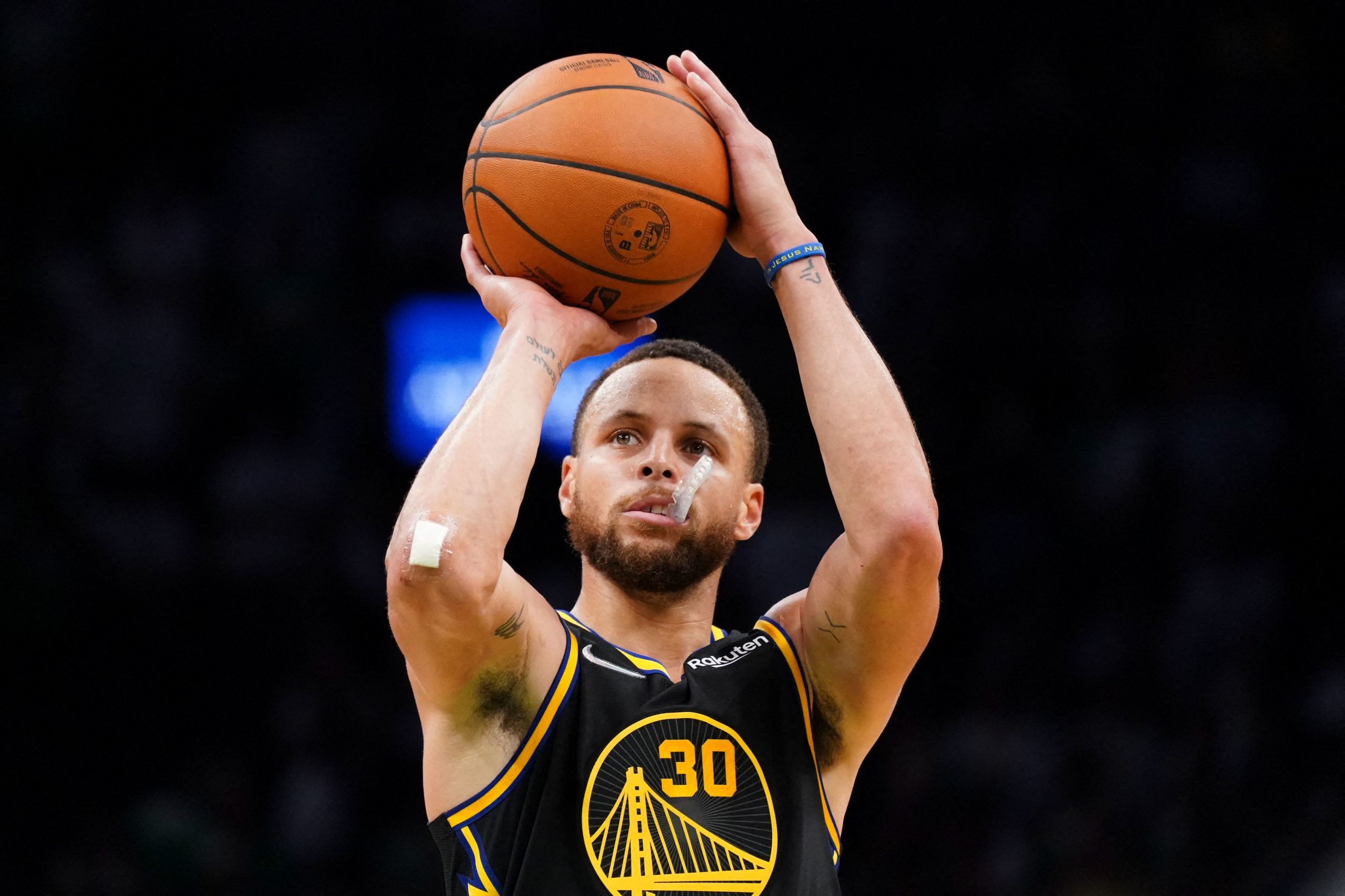 Jun 10, 2022; Boston, Massachusetts, USA; Golden State Warriors guard Stephen Curry (30) takes a free-throw against the Boston Celtics during the fourth quarter of game four in the 2022 NBA Finals at the TD Garden. Mandatory Credit: David Butler II-USA TODAY Sports