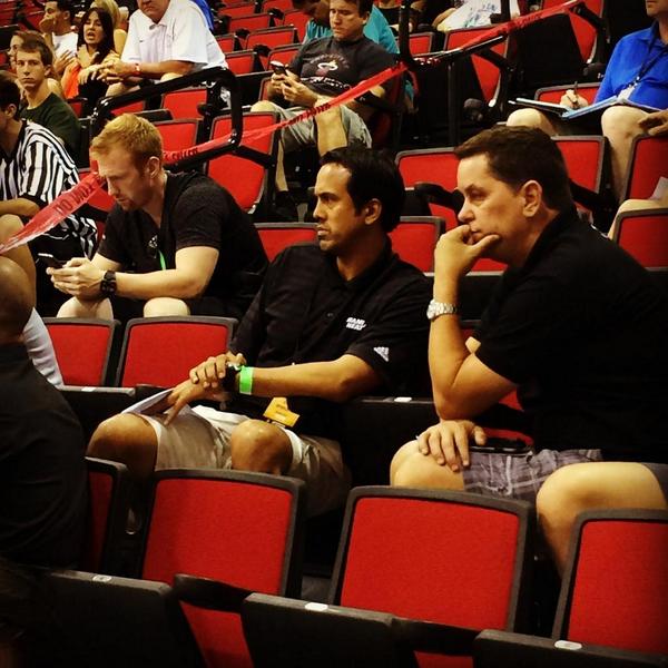 NBA head coach Erik Spoelstra (left) with Tim Cone watching a game during the 2014 NBA Summer League