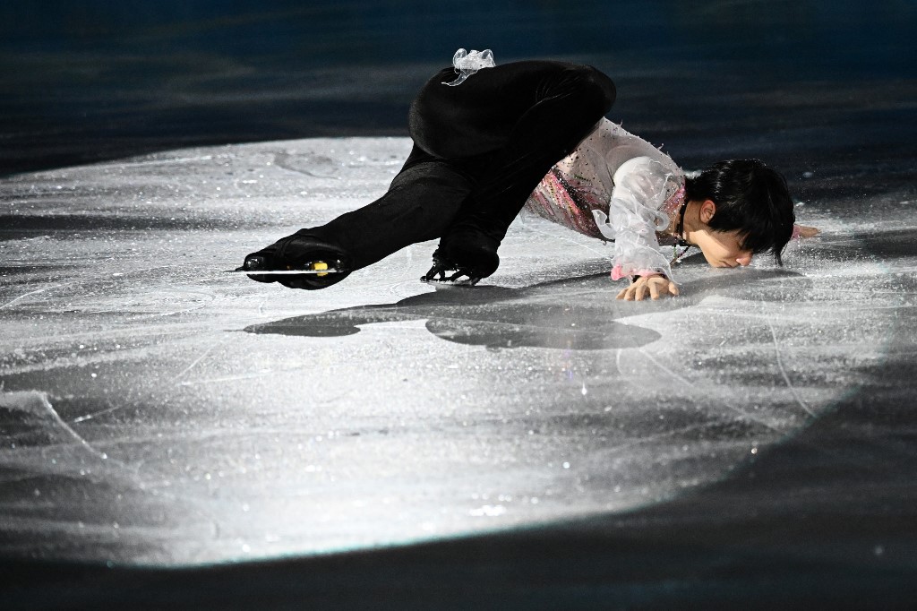 Japan's Yuzuru Hanyu performs in the figure skating exhibition gala during the Beijing 2022 Winter Olympic Games at the Capital Indoor Stadium in Beijing on February 20, 2022. 