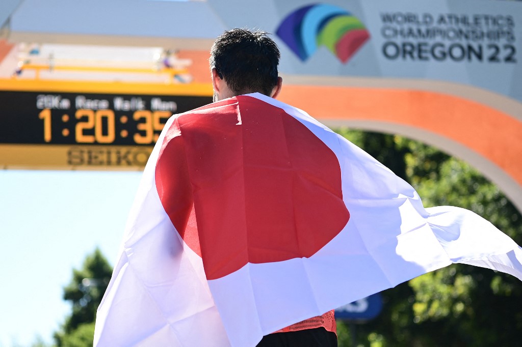 Toshikazu Yamanishi of Team Japan celebrates winning gold in the Men's 20 Kilometres Race Walk Final on day one of the World Athletics Championships Oregon22 at Hayward Field on July 15, 2022 in Eugene, Oregon.   