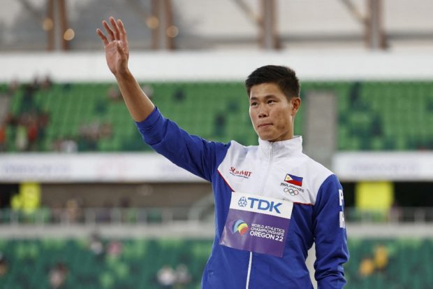 ist EJ Obiena of Team Philippines poses during the medal ceremony for the Men's Pole Vault on day ten of the World Athletics Championships Oregon22 at Hayward Field on July 24, 2022 in Eugene, Oregon.