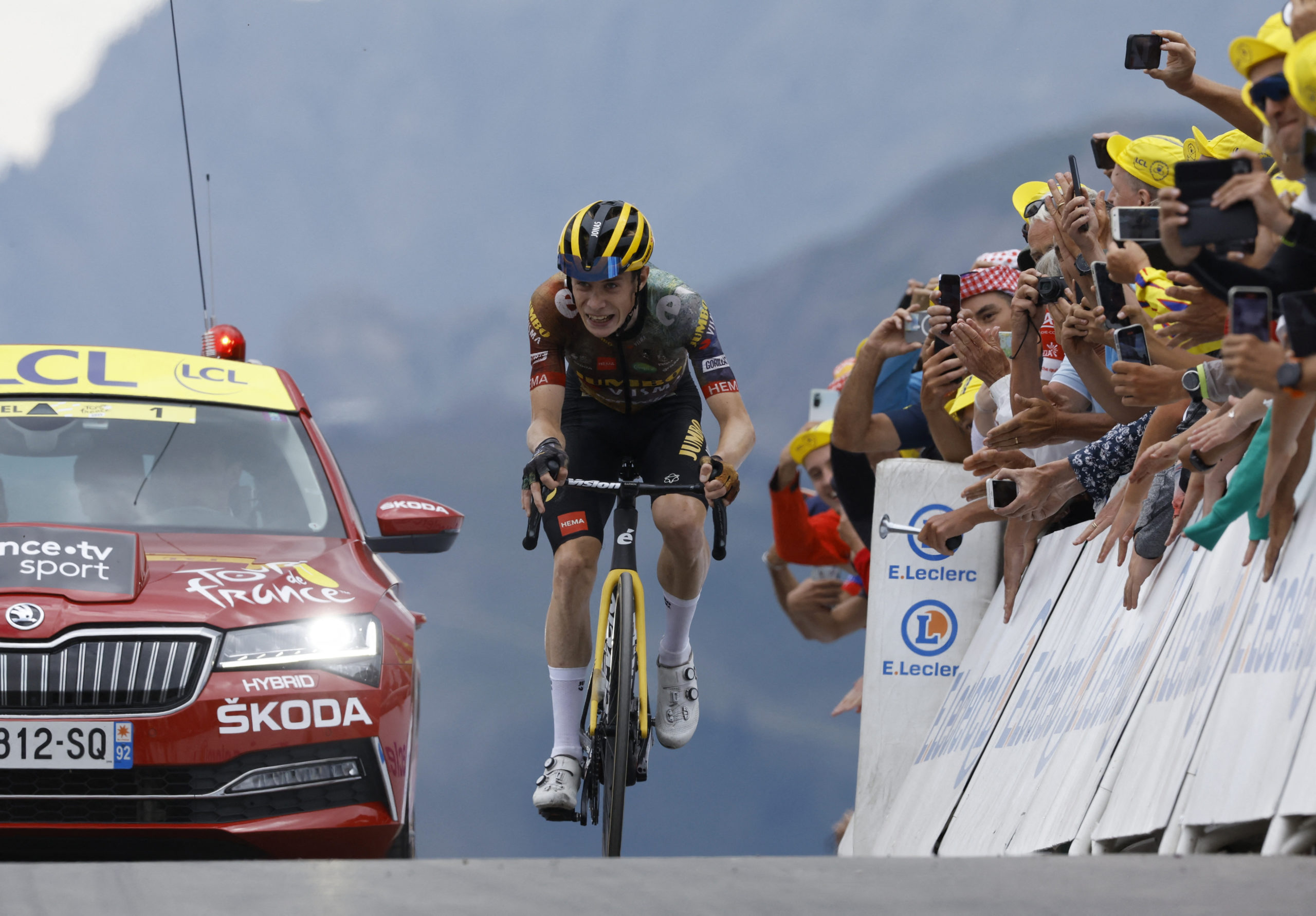 Jumbo - Visma's Jonas Vingegaard in action before he crosses the finish line to win stage 11 of the tour de france