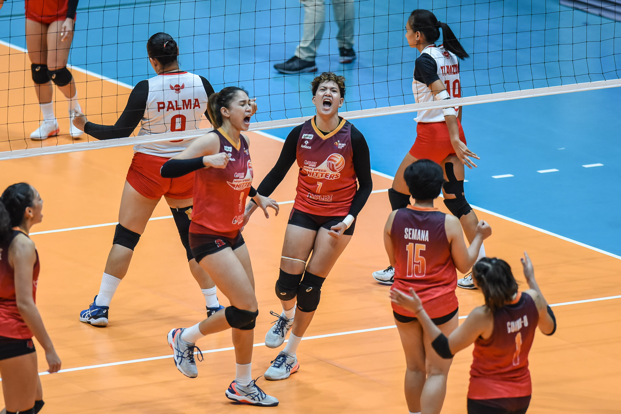 PLDT High Speed Hitters celebrate five-set win over PetroGazz in the PVL Invitationals.