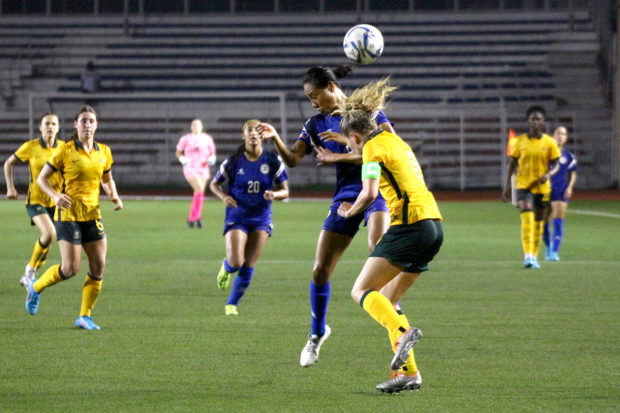 Sarina Bolden (second from right) of the Philippines fires the decisive header against Austra- lia. The Filipinas’ ace midfielder is one of the players capable of conjuring big moments for the squad. —AFF PHOTO