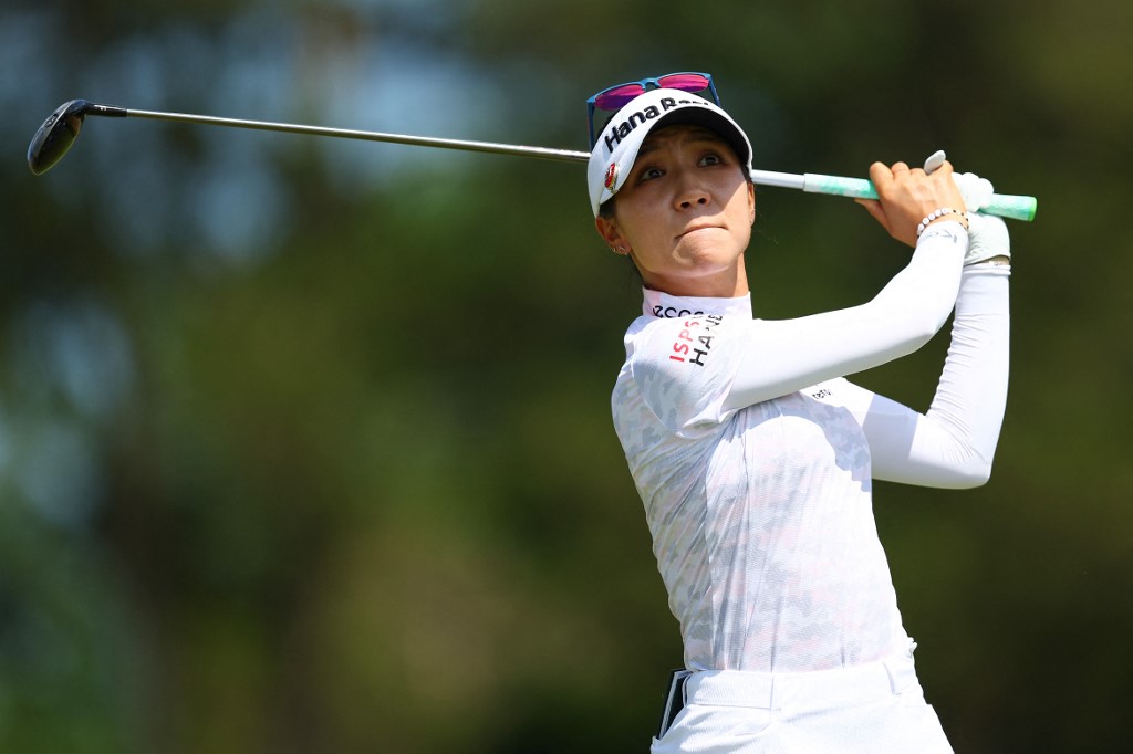 Lydia Ko of New Zealand plays her shot from the third tee during the third round of the KPMG Women's PGA Championship at Congressional Country Club on June 25, 2022 in Bethesda, Maryland.   