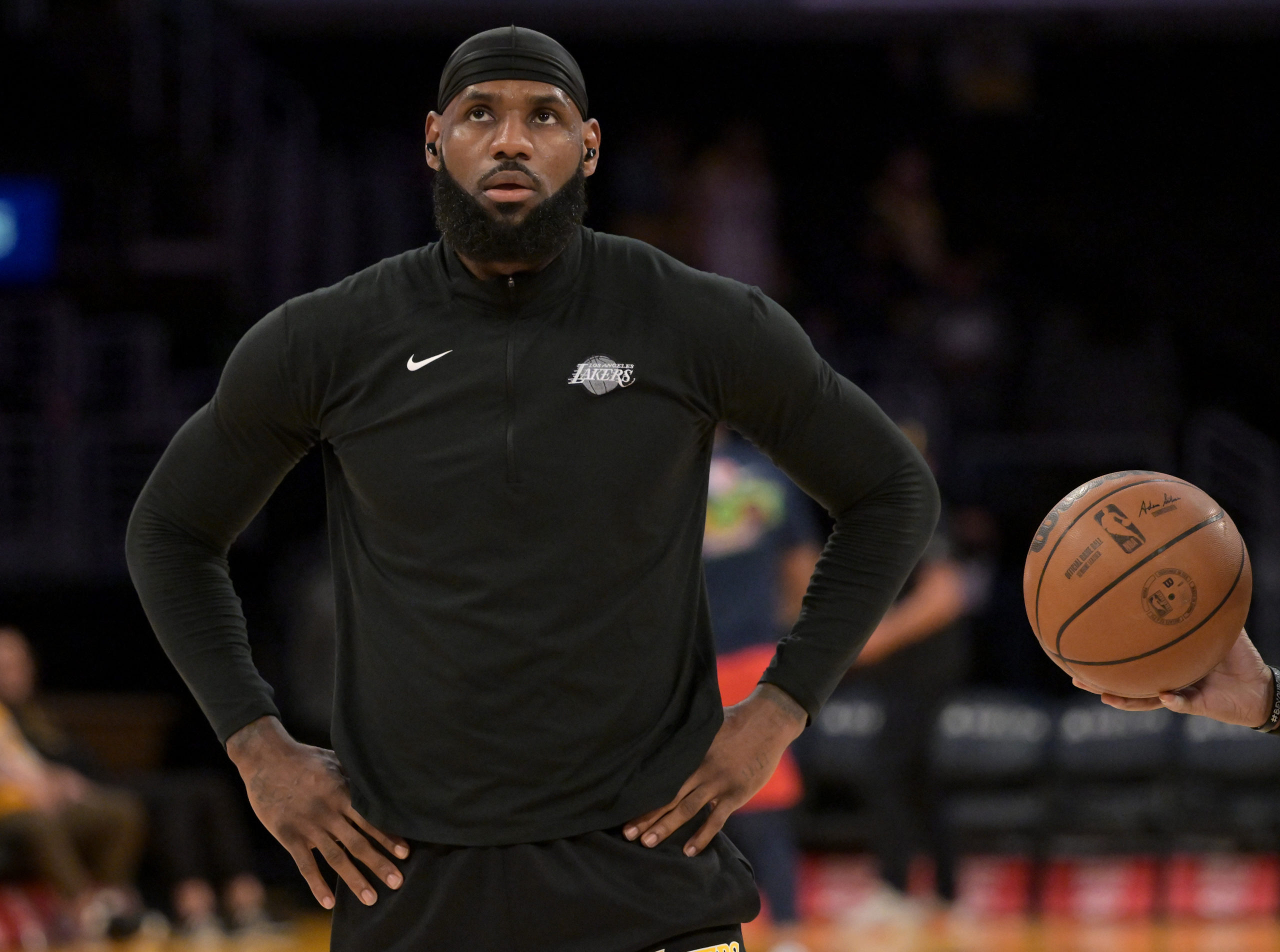 FILE PHOTO: Apr 1, 2022; Los Angeles, California, USA; Los Angeles Lakers forward LeBron James (6) warms up before the game against the New Orleans Pelicans at Crypto.com Arena.