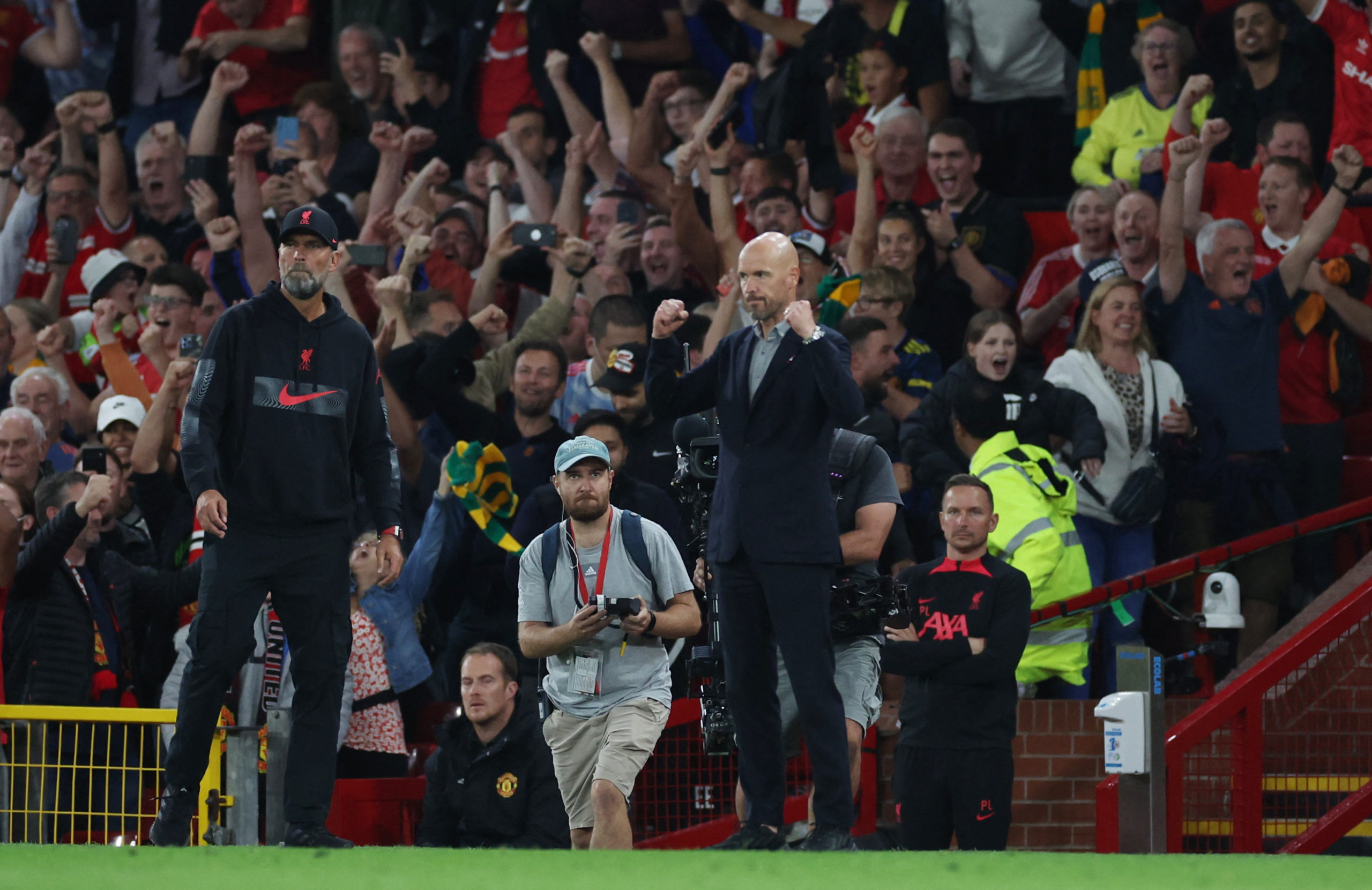 Soccer Football - Premier League - Manchester United v Liverpool - Old Trafford, Manchester, Britain - August 22, 2022 Manchester United manager Erik ten Hag celebartes after the match 