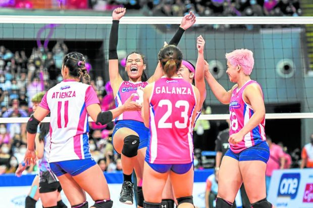 Celine Domingo (center), the Finals MVP, celebrates a huge point at the height of Creamline’s second quarter rally.  —PVL PHOTO