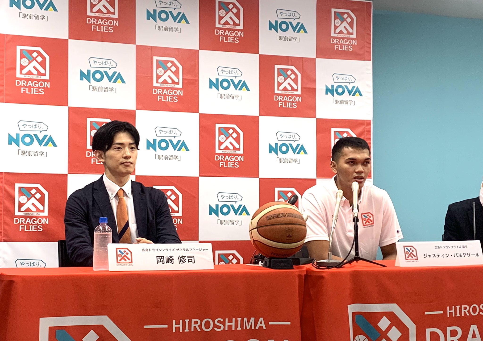 Justine Baltazar during an introductory press conference with Hiroshima Dragonflies in the Japan B.League.