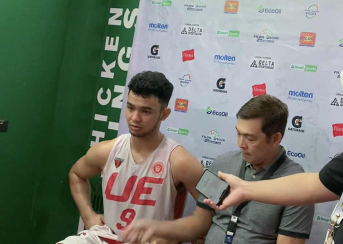 An emotional Harvey Pagsanjan during the post-game interview after UE's win in the Filoil Preseason Cup. 