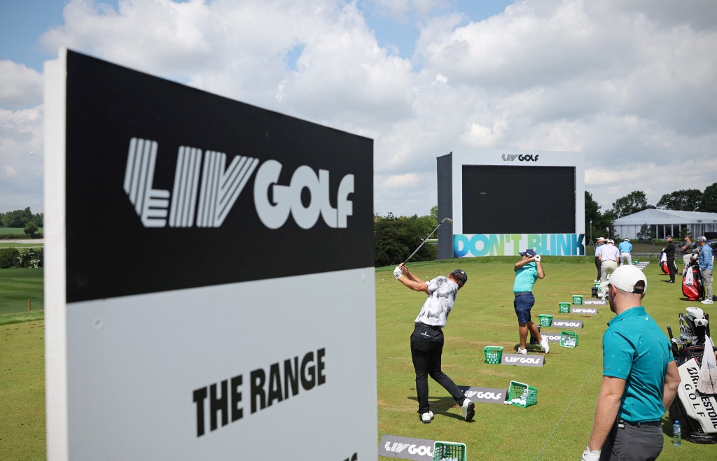 Players practice on the driving range ahead of ahead of the forthcoming LIV Golf Invitational Series event at The Centurion Club in St Albans, north of London, on June 7, 2022