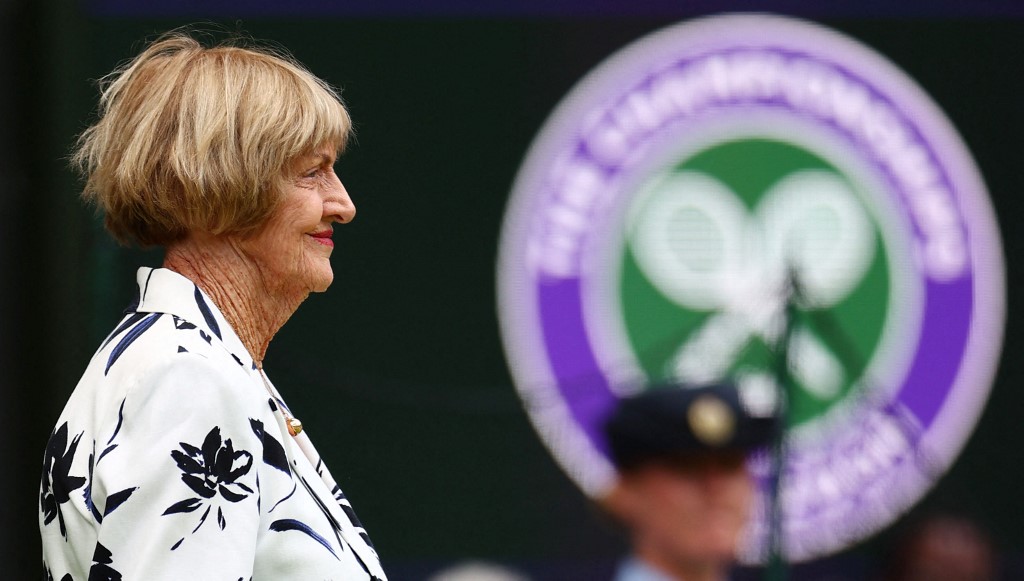 Australian retired tennis player and former world No. 1,  Margaret Court, takes part in the Centre Court Centenary Ceremony, on the seventh day of the 2022 Wimbledon Championships at The All England Tennis Club in Wimbledon, southwest London, on July 3, 2022