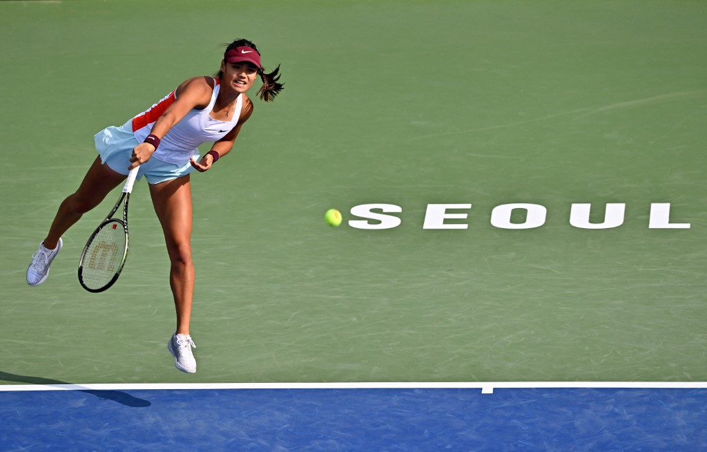 Emma Raducanu of Britain serves the ball against Yanina Wickmayer of Belgium during the women's singles round of 16 match at the Korea Open tennis championships in Seoul on September 22, 2022