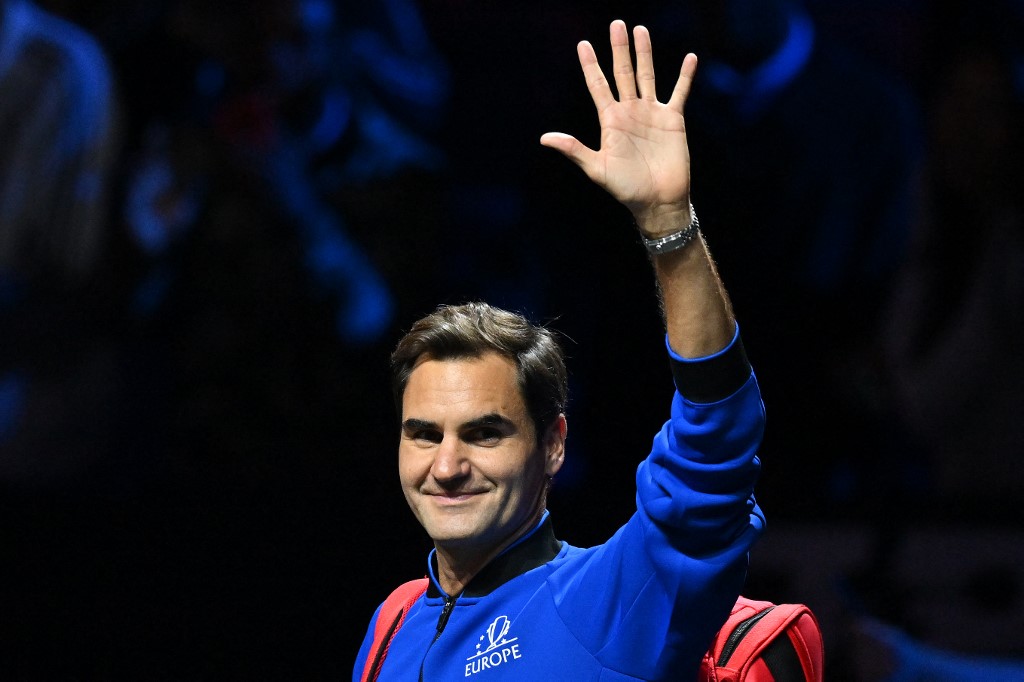 Switzerland's Roger Federer waves after a practice session ahead of the 2022 Laver Cup at the O2 Arena in London on September 22, 2022. 