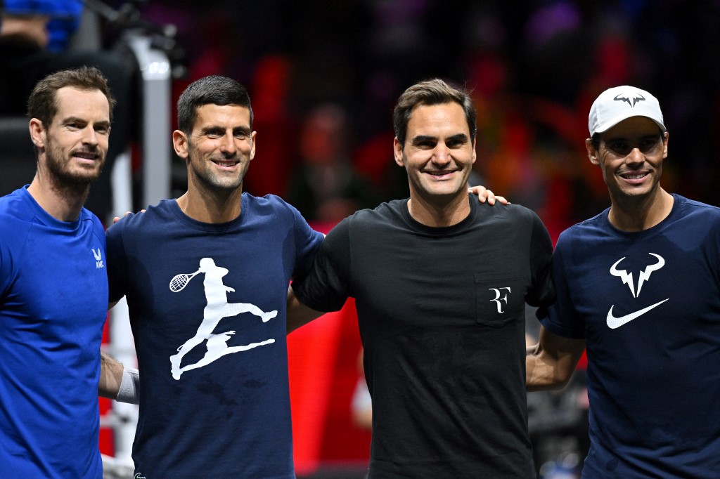 (L-R) Britain's Andy Murray, Serbia's Novak Djokovic, Switzerland's Roger Federer and Spain's Rafael Nadal pose during a Team Europe practice session ahead of the 2022 Laver Cup at the O2 Arena in London on September 22, 2022.