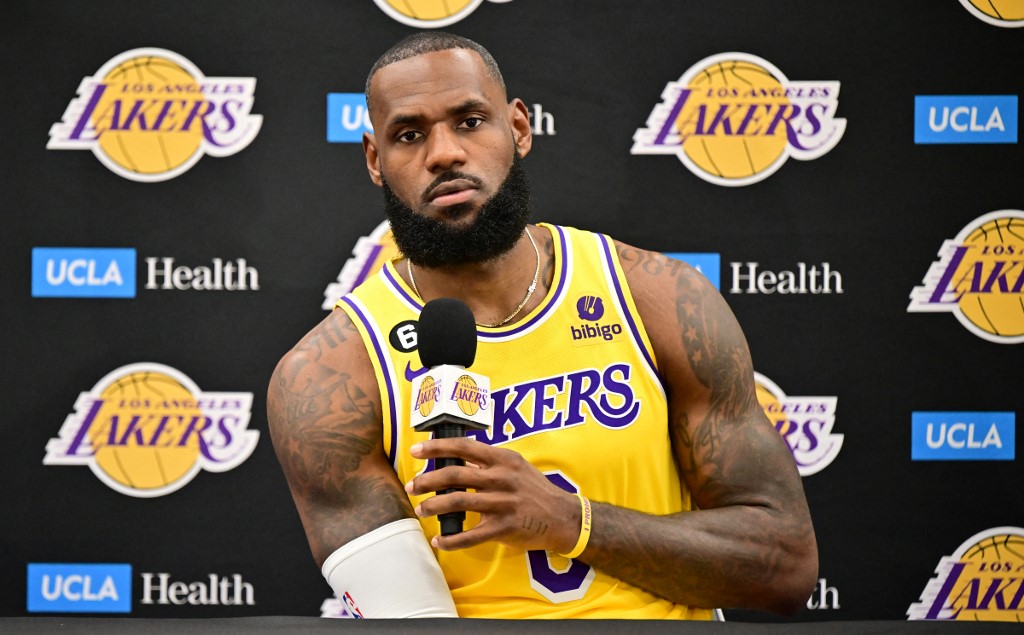 LeBron James takes question from the press at the Los Angeles Lakers media day on September 26, 2022 in El Segundo, California.