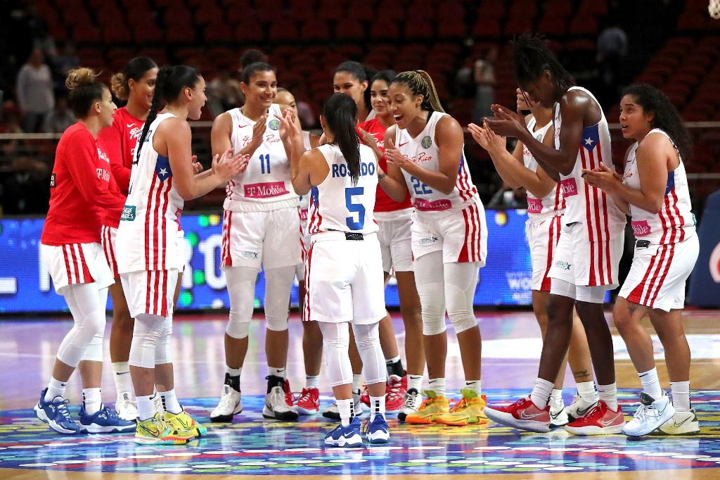 Team Puerto Rico celebrates after a win during the Women's Basketball World Cup group A game between Puerto Rico and South Korea in Sydney on September 27, 2022. 