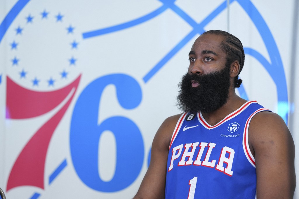 James Harden #1 of the Philadelphia 76ers looks on during media day at the 76ers Training Complex on September 26, 2022 in Camden, New Jersey