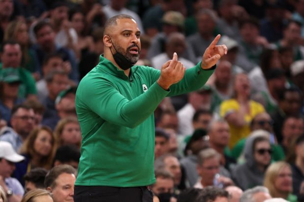 Head coach Ime Udoka of the Boston Celtics calls out a play in the fourth quarter against the Golden State Warriors during Game Three of the 2022 NBA Finals at TD Garden on June 08, 2022 in Boston,